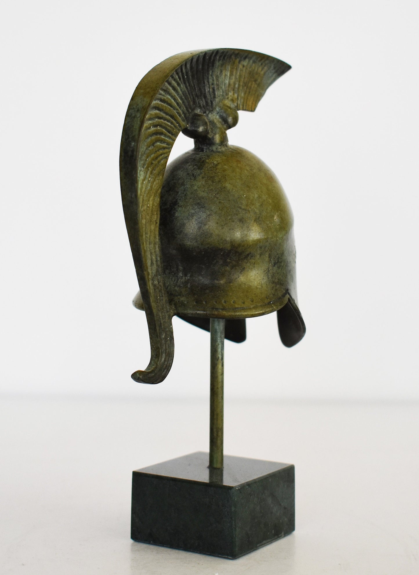 Ancient Greek Spartan Corinthian Helmet with plume and marble base - Classic Period - Museum Reproduction - Pure Bronze Statue