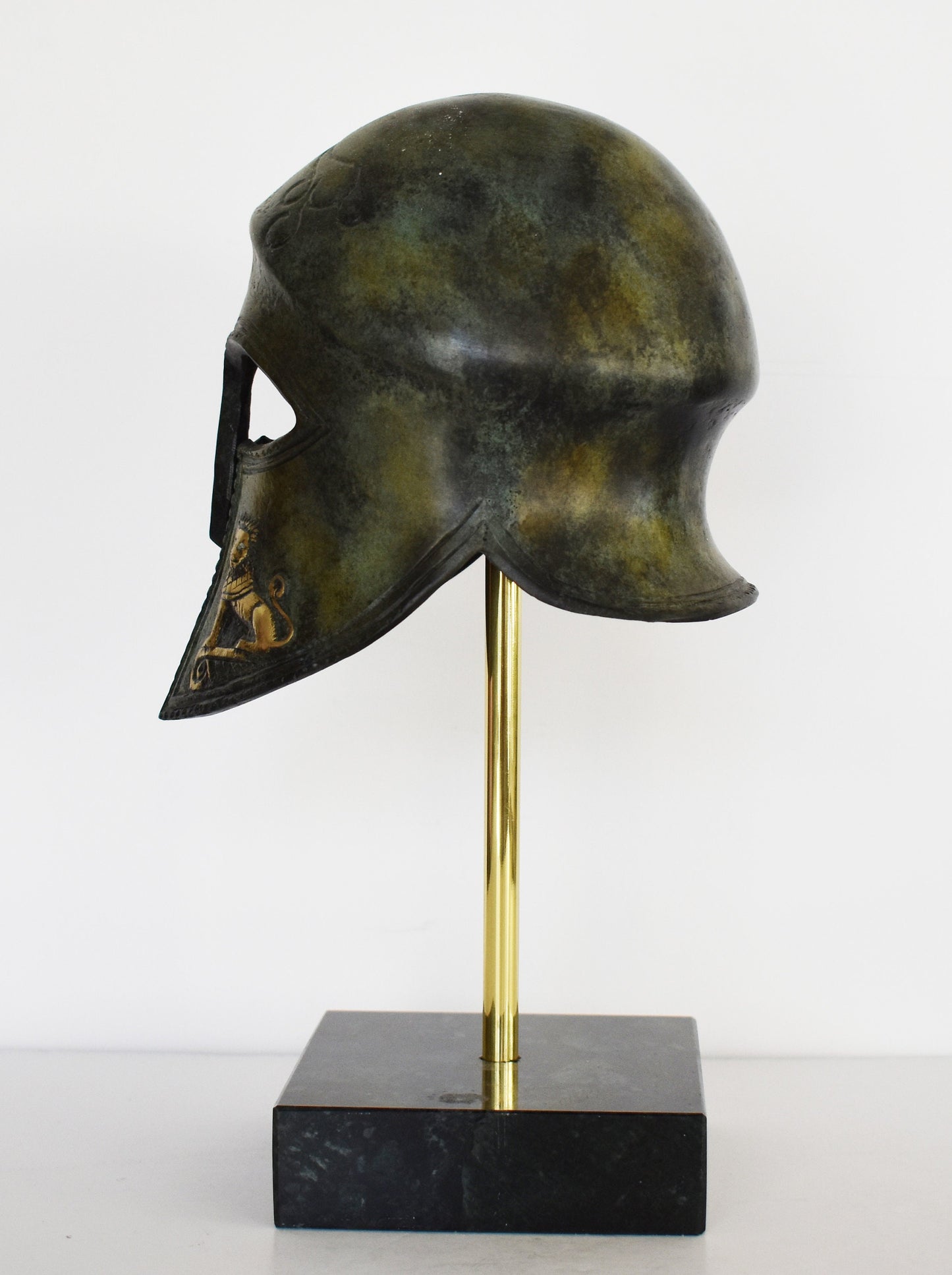 Ancient Greek Spartan Corinthian Helmet with Sphinx - Classic Period - Marble Base - Museum Reproduction - Pure Bronze Statue