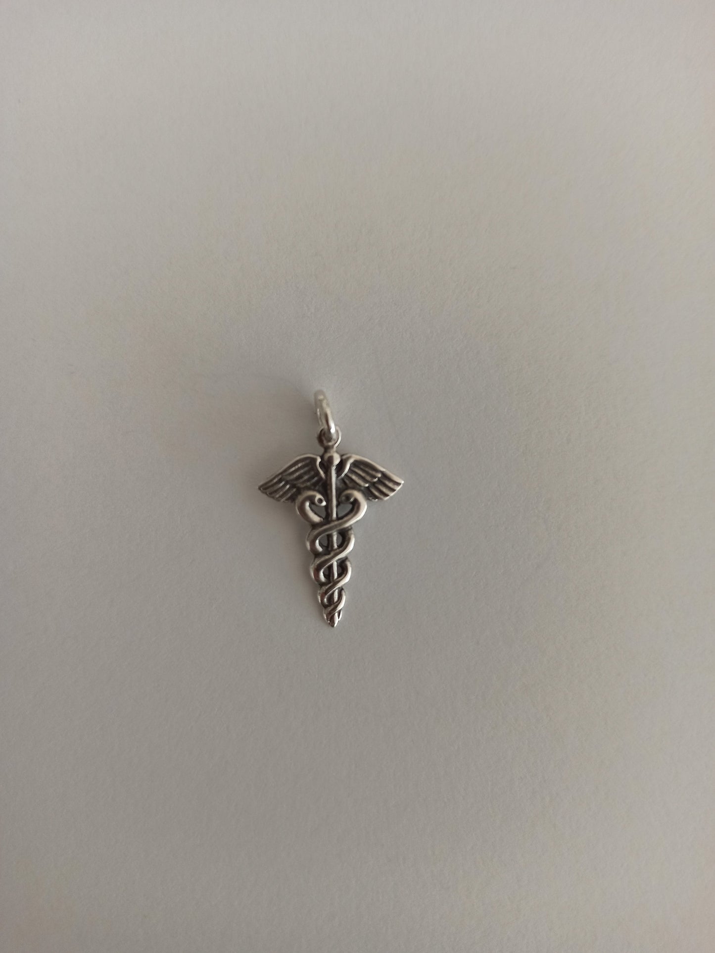 Caduceus - Symbol of God Hermes Mercury - Short Staff entwined by two Serpents, surmounted by Wings - Pendant - 925 Sterling Silver