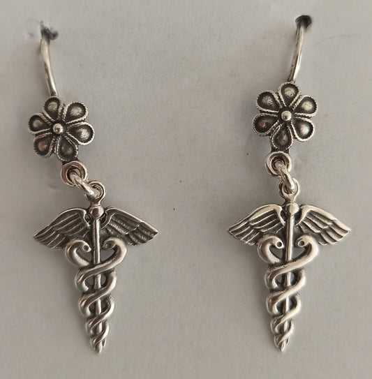 Caduceus - Symbol of God Hermes Mercury - Short Staff entwined by two Serpents, surmounted by Wings - Earrings - 925 Sterling Silver