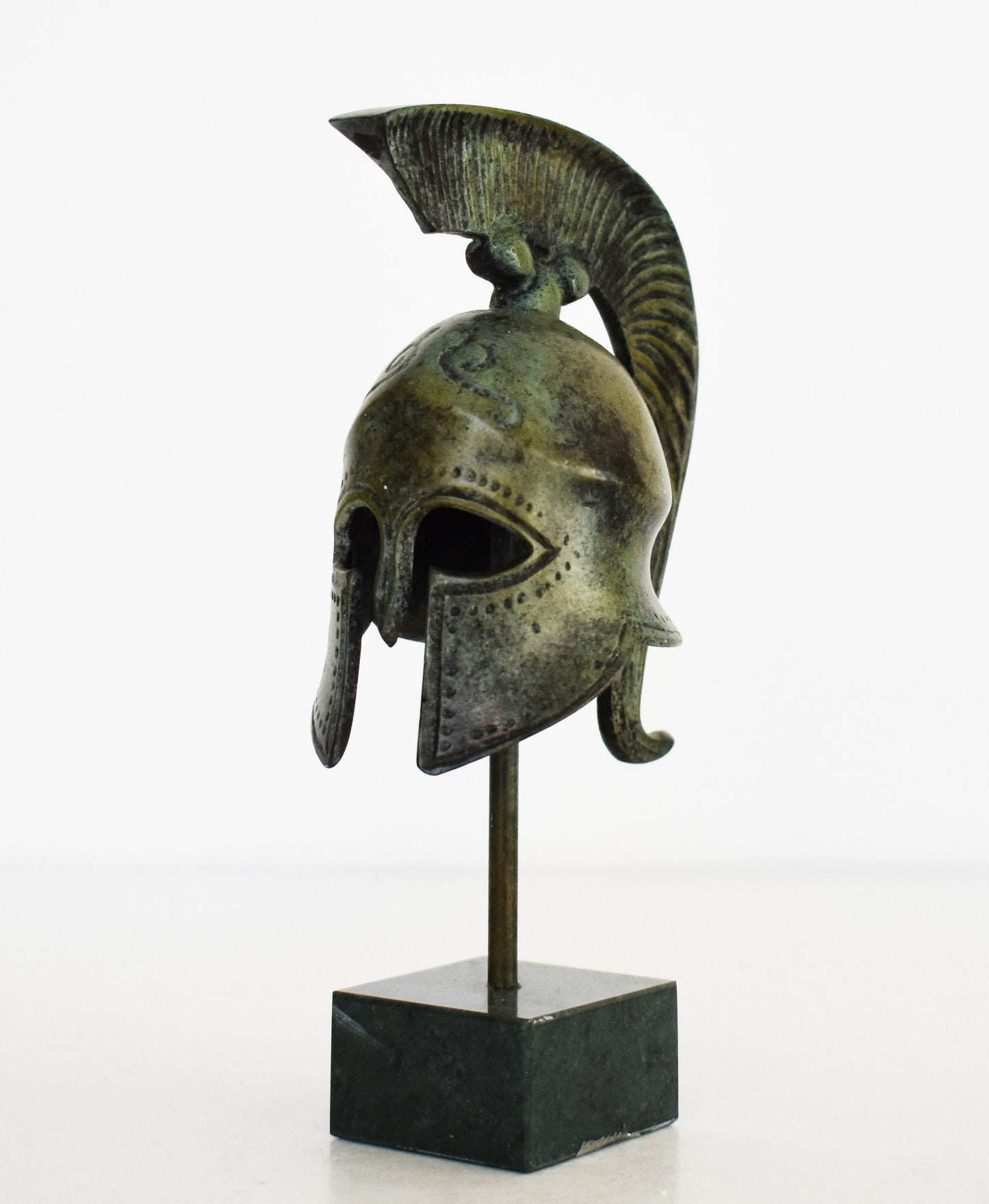 Ancient Greek Spartan Corinthian Helmet  with plume and marble base - Classic Period - Museum Reproduction - Pure Bronze Statue