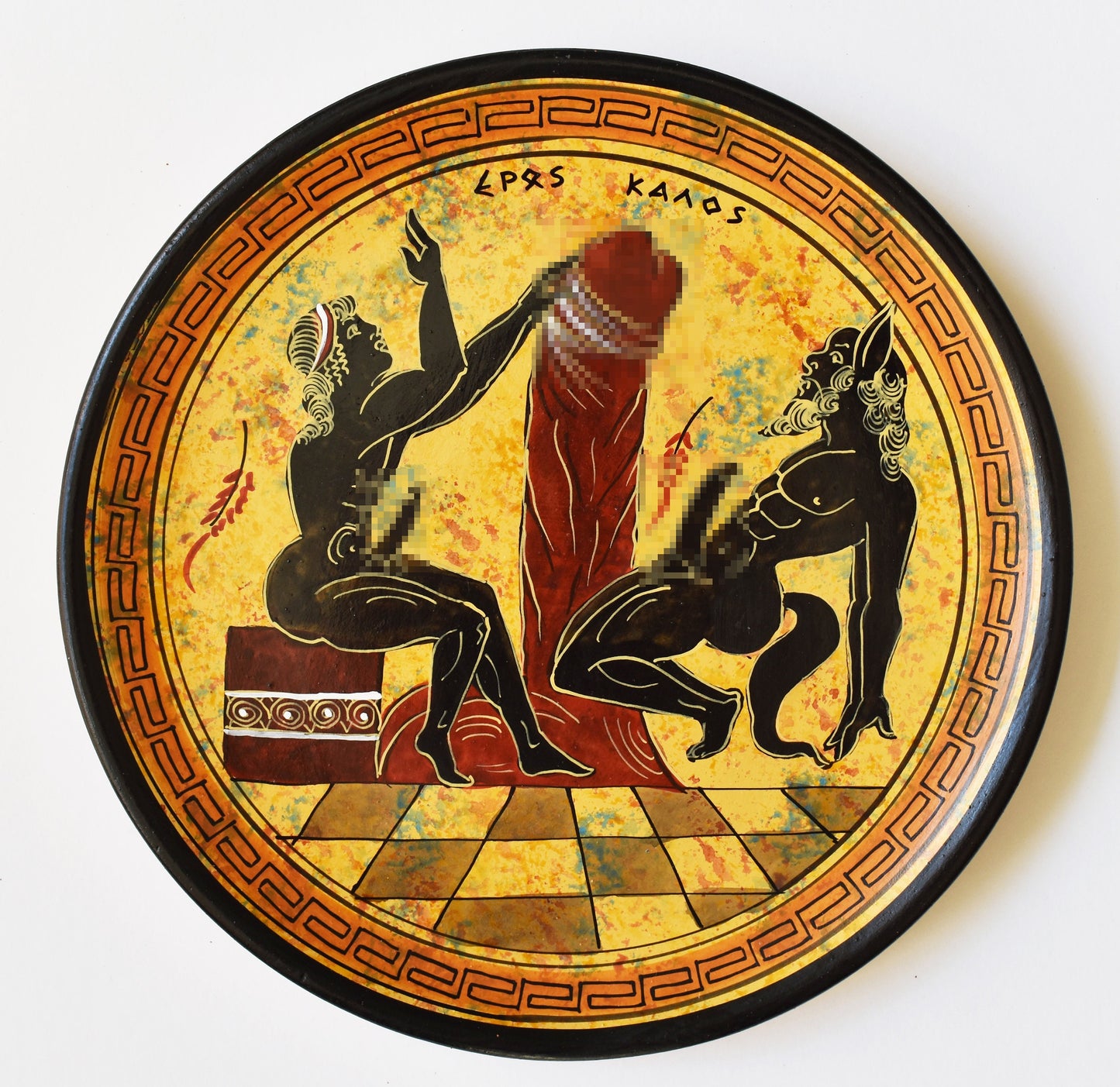 Satyr and young man - Phallic Statue relating to male sexual powers - Ceramic - Meander design - Handmade in Greece