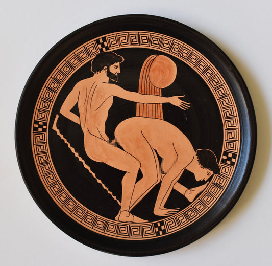 Ancient Erotic Scene - Way of Life - Athens, 500 BC - Replica of Red Figure Vessel - Ceramic plate - Meander design - Handmade in Greece