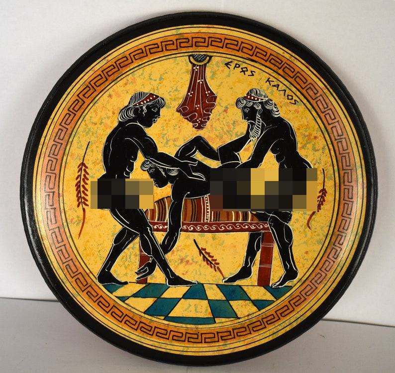 Homoerotic Scene between Three Males - Athens, 500 BC - Love is shown more in deeds than in words - Ceramic - Handmade in Greece