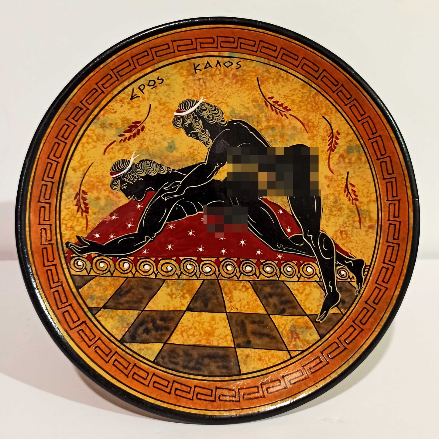Homoerotic Scene between Two Males - Athens, 500 BC - Representation of Red Figure Vessel - Ceramic - Meander design - Handmade in Greece