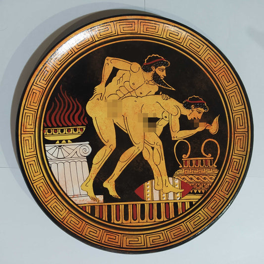 Homoerotic Scene between Two Males  - Athens, 450 BC - Representation of Red Figure Vessel - Ceramic - Meander design - Handmade in Greece