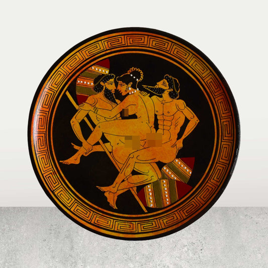 Ancient Erotic Scene - Part of the Life - Athens, 500 BC - Replica of Red Figure Vessel - Ceramic plate, Meander design - Handmade in Greece