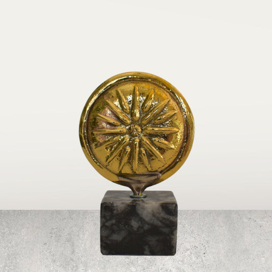 Ancient Greek Macedonian Shield - Vergina Sun - Rayed Solar Symbol - Marble Base - Museum Replica - Pure Bronze Sculpture