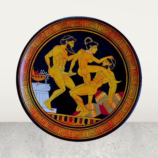 Ancient Erotic Scene with 3 partners - Athens, 500 BC - Replica of Red Figure Vessel - Ceramic plate - Meander design - Handmade in Greece