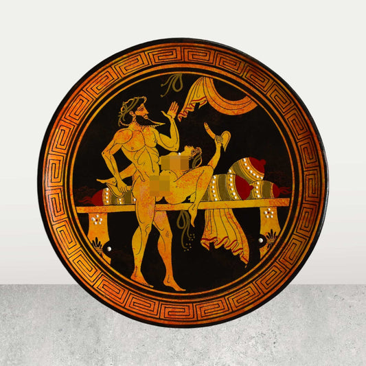 Ancient Erotic Scene - Athens, 500 BC - Representation of Red Figure Vessel - Ceramic plate - Meander - Handmade in Greece