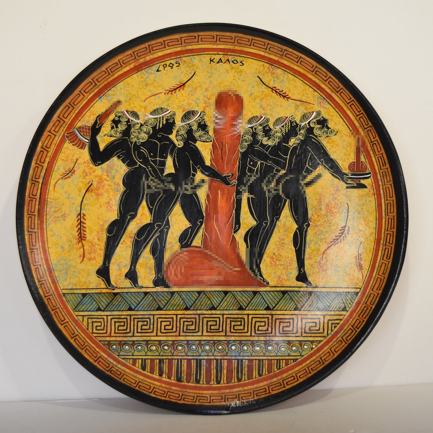 Homoerotic Scene between SixMales - Athens, 500 BC - Representation of Red Figure Vessel - Ceramic - Meander design - Handmade in Greece