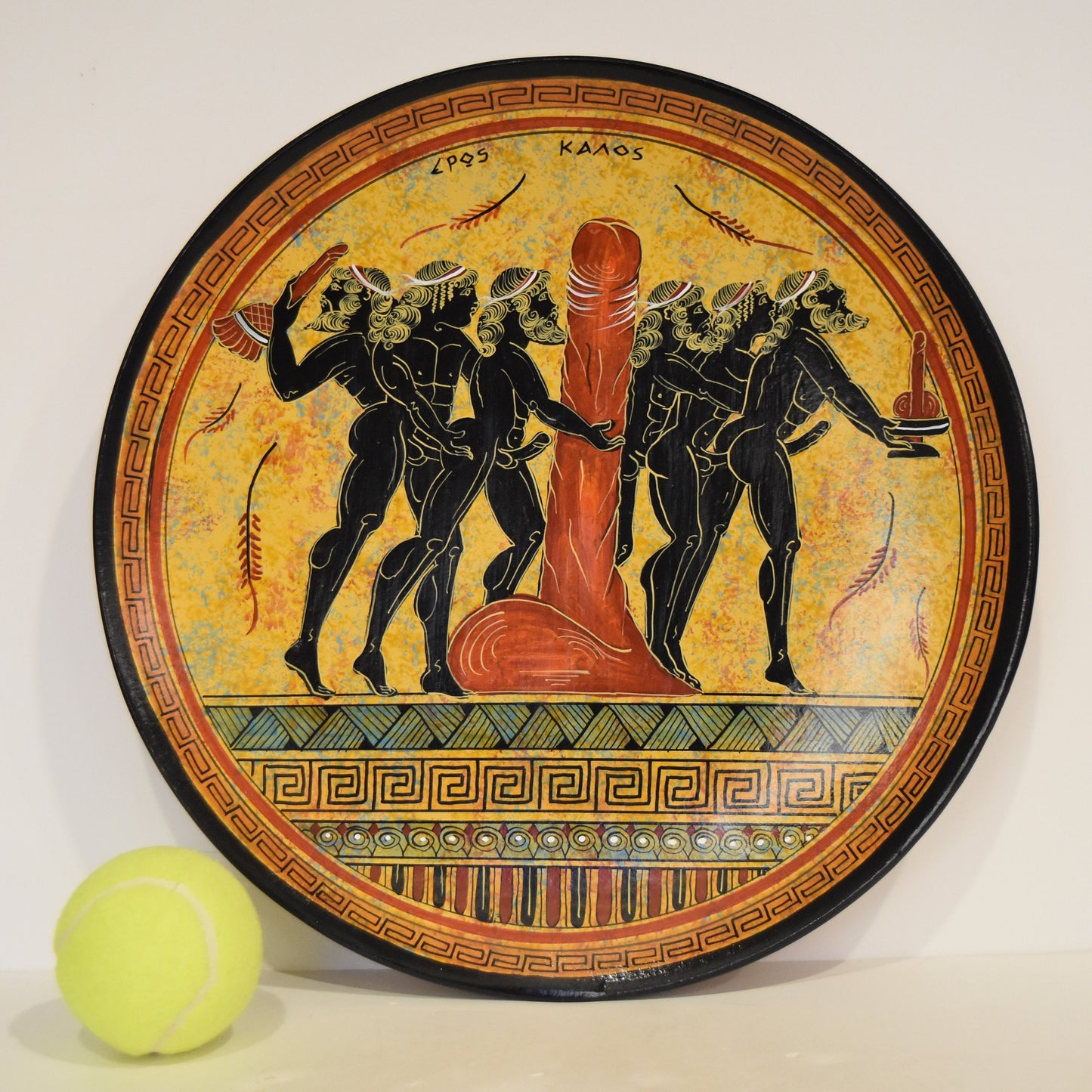 Homoerotic Scene between SixMales - Athens, 500 BC - Representation of Red Figure Vessel - Ceramic - Meander design - Handmade in Greece