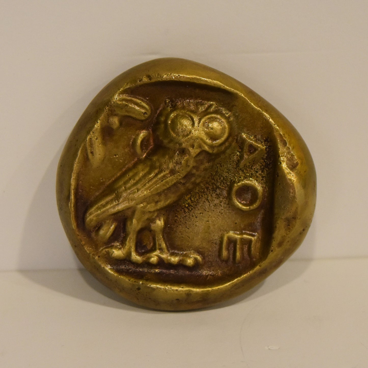 Athena Minerva, Greek Roman Goddess of wisdom - Owl, Athenian Symbol - Athenian Tetradrachm coin - Paperweight - pure bronze statue