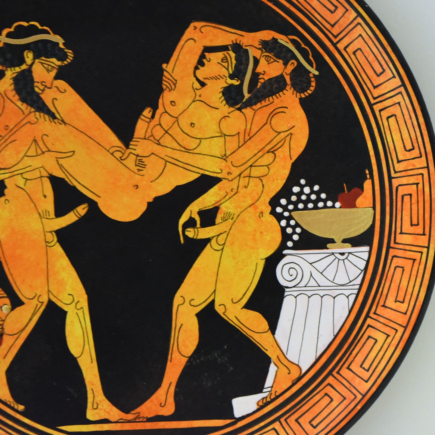 Homoerotic Scene between Three Males - Athens, 450 BC - Love is a juice with many tastes - Ceramic - Meander design - Handmade in Greece