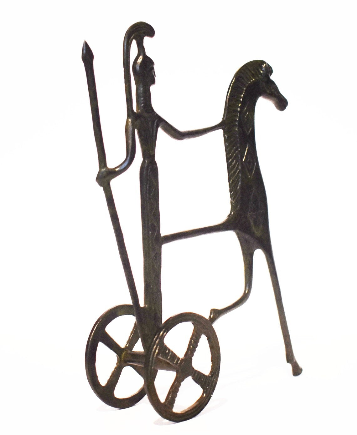 Ancient Greek Chariot - Goddess Athena holding a spear - pure Bronze Sculpture Active