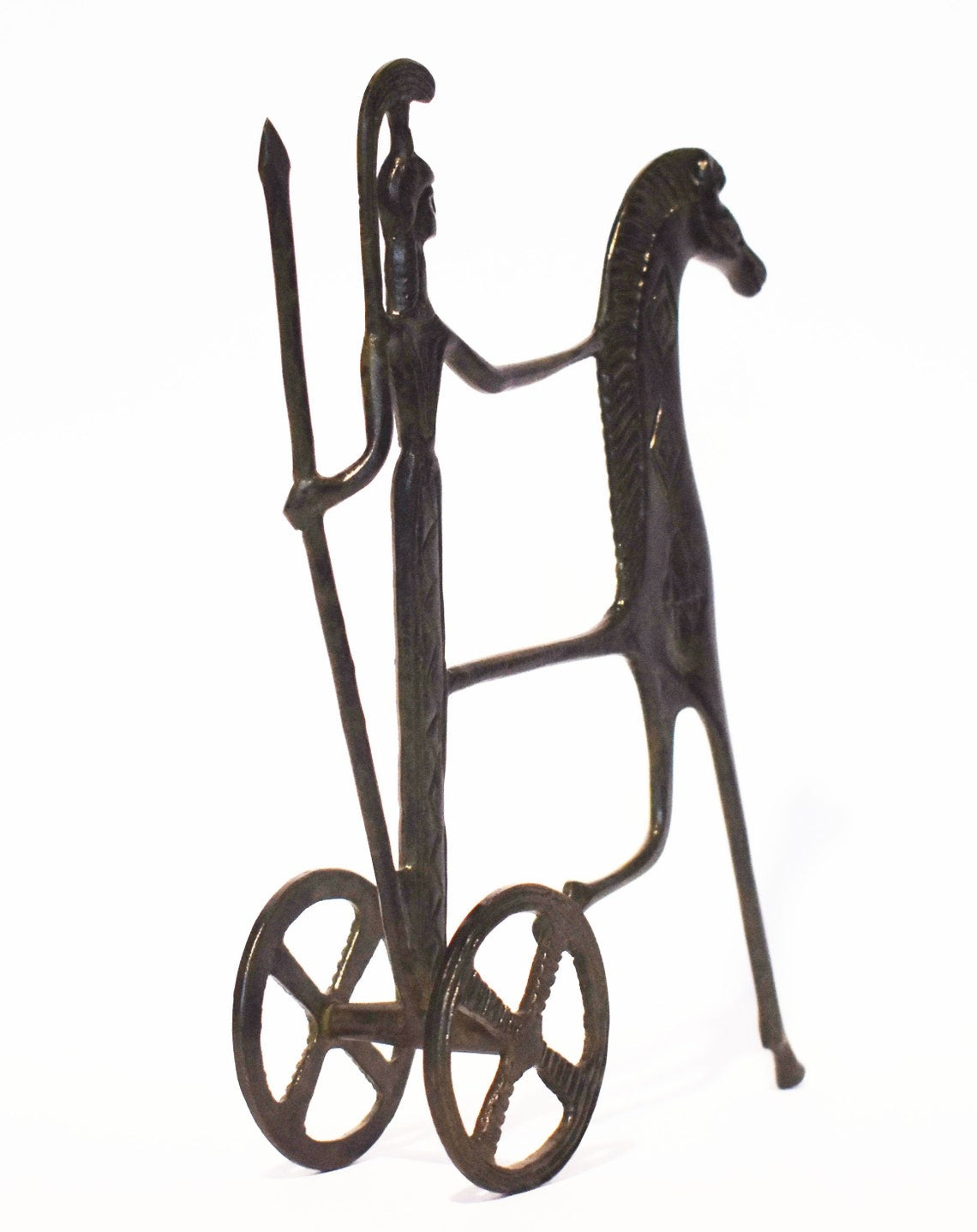 Ancient Greek Chariot - Goddess Athena holding a spear - pure Bronze Sculpture Active