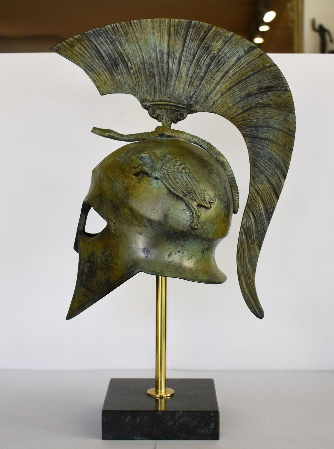 Ancient Greek Spartan Corinthian Helmet - Classic Period - Marble Base  - Museum Reproduction - Pure Bronze Statue