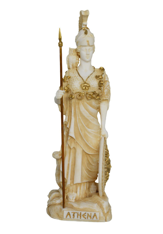 Athena Minerva - Greek Roman Goddess of Wisdom, Inspiration, Civilization, Strategic Warfare, Arts, Crafts, Skill - Aged Alabaster Sculpture