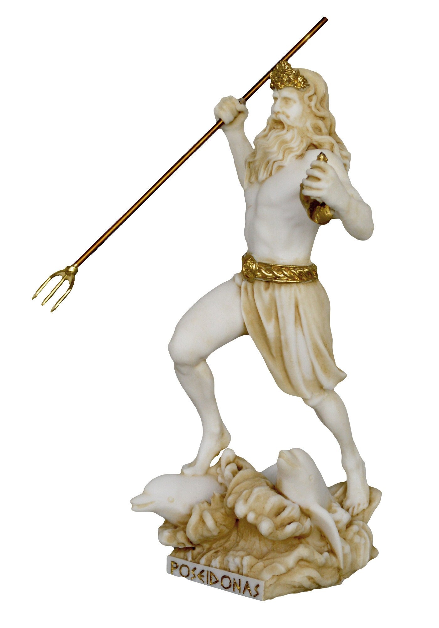 Poseidon Neptune - Greek Roman God of the Sea, Storms, Earthquakes and Horses - Protector of Seafarers - Trident - Aged Alabaster Statue