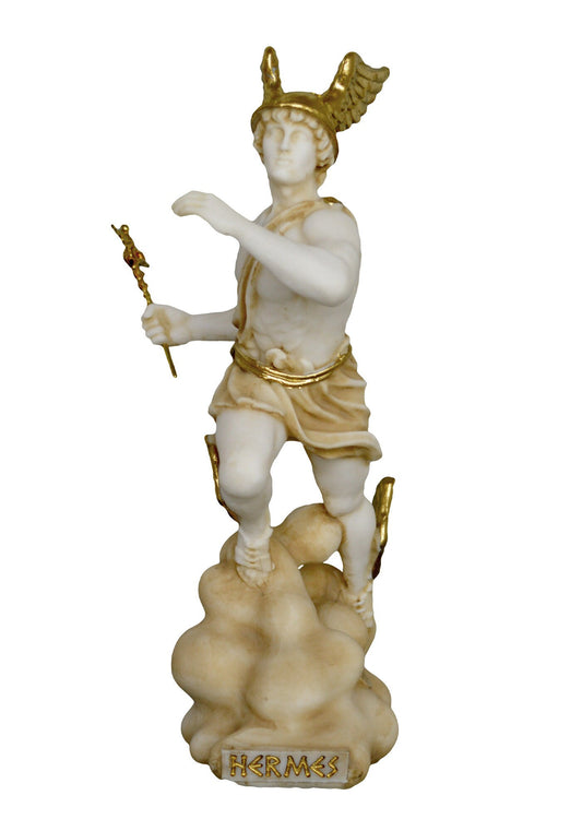 Hermes Mercury - God of Trade, Wealth, Luck, Fertility, Animal Husbandry, Sleep, Language, Thieves, and Travel - Aged Alabaster Statue