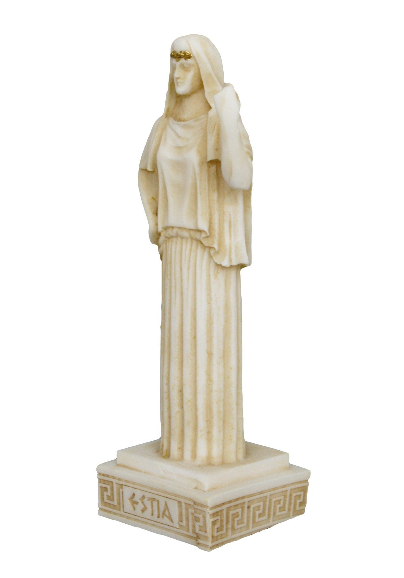 Hestia Vesta - Greek Roman virgin goddess of the hearth and the home - The first child of the Titans Cronus and Rhea - Aged Alabaster Statue