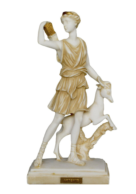Artemis Diana – Greek Roman Goddess of Hunt, the Wilderness, Wild Animals, the Moon, and Chastity - Sister of Apollo - Aged Alabaster Statue