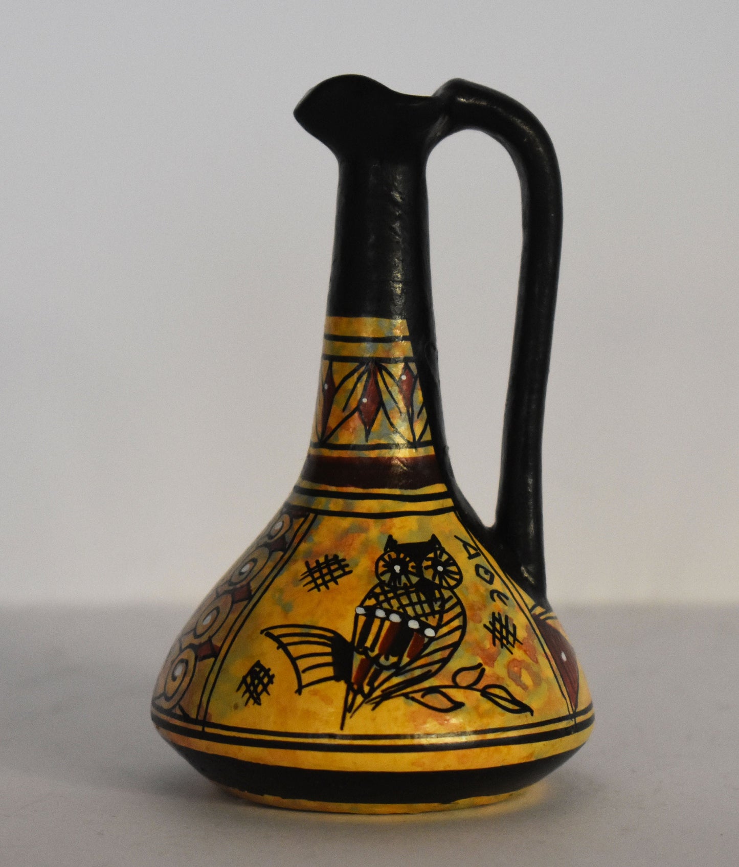 Ancient Greek vase -  warriors and athenian owl - Miniature Ceramic piece - Geometric Period - Handmade in Greece