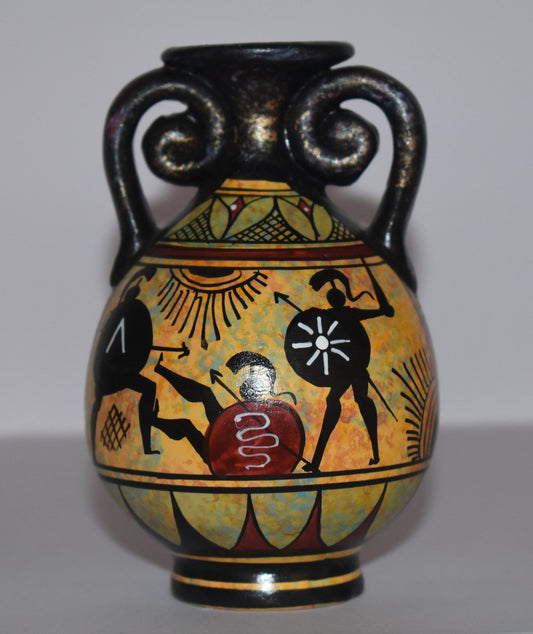 Ancient Greek vase with warriors - Miniature Ceramic piece - Geometric Period - Handmade in Greece