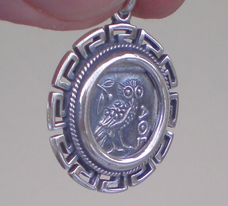 Owl, symbol of Wisdom and Goddess Athena - Meander, symbol of eternity - Coin Pendant - 925 Sterling Silver