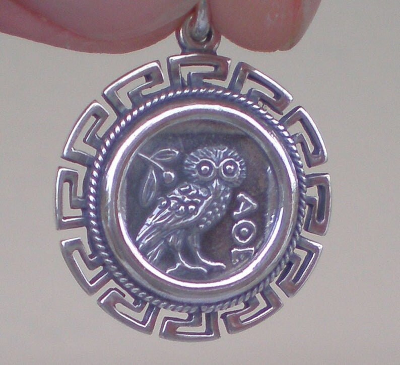 Owl, symbol of Wisdom and Goddess Athena - Meander, symbol of eternity - Coin Pendant - 925 Sterling Silver