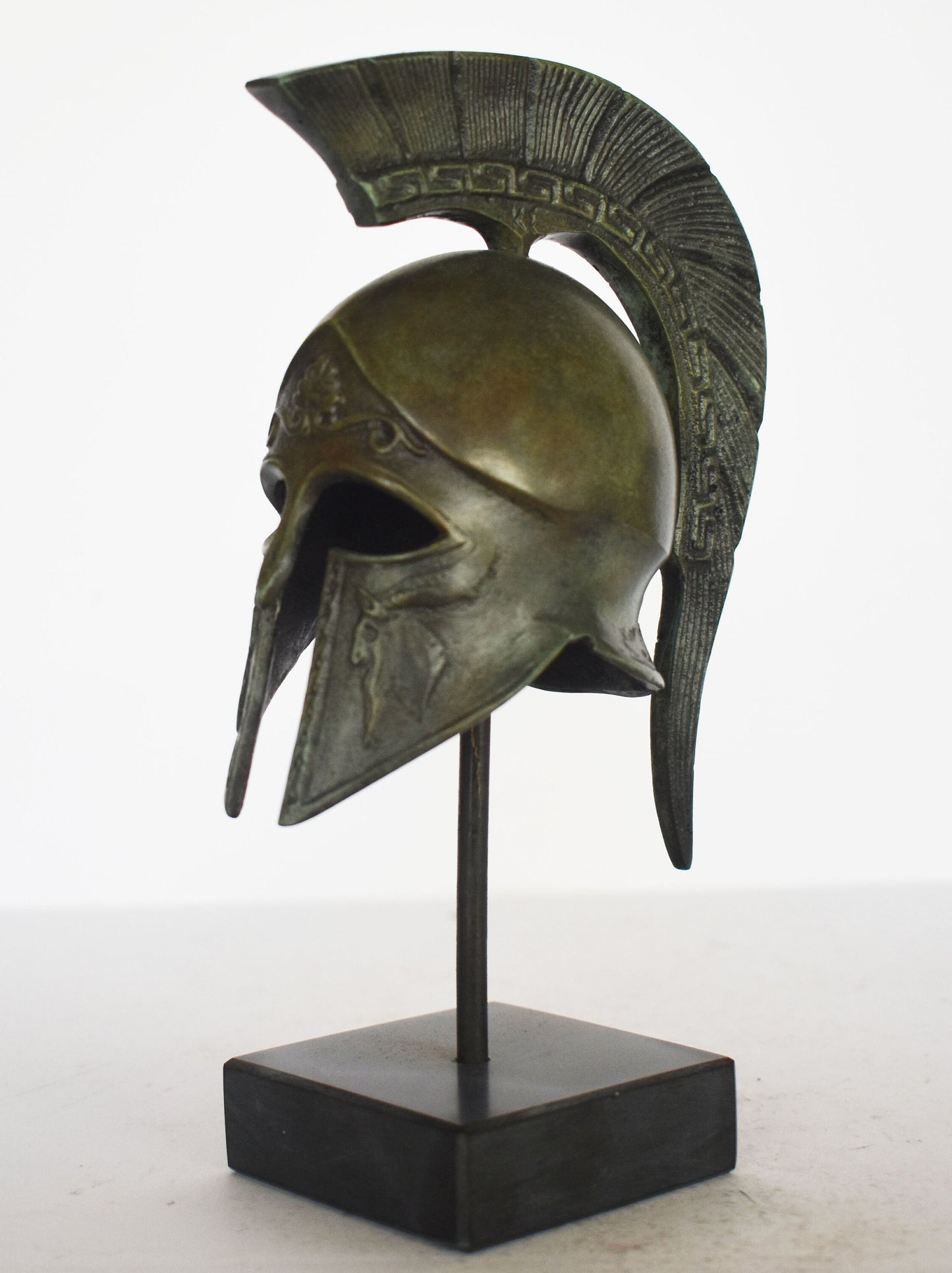 Ancient Greek Spartan Corinthian Helmet - ibex, floral and eternity Motif - marble base  - museum reproduction - pure bronze  statue