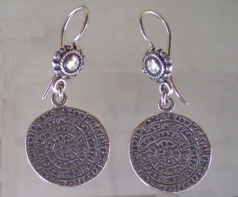 Phaistos Disc Coin - Minoan Period - Crete, Ancient Greece  - Earrings - 925 Sterling Silver