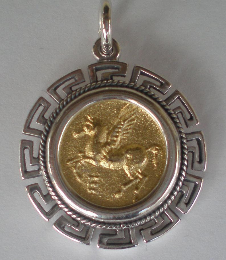 Pegasus the Mythical Horse and Greek Roman Goddess Artemis  - Meander, symbol of eternity - Gold Plated Coin Pendant - 925 Sterling Silver