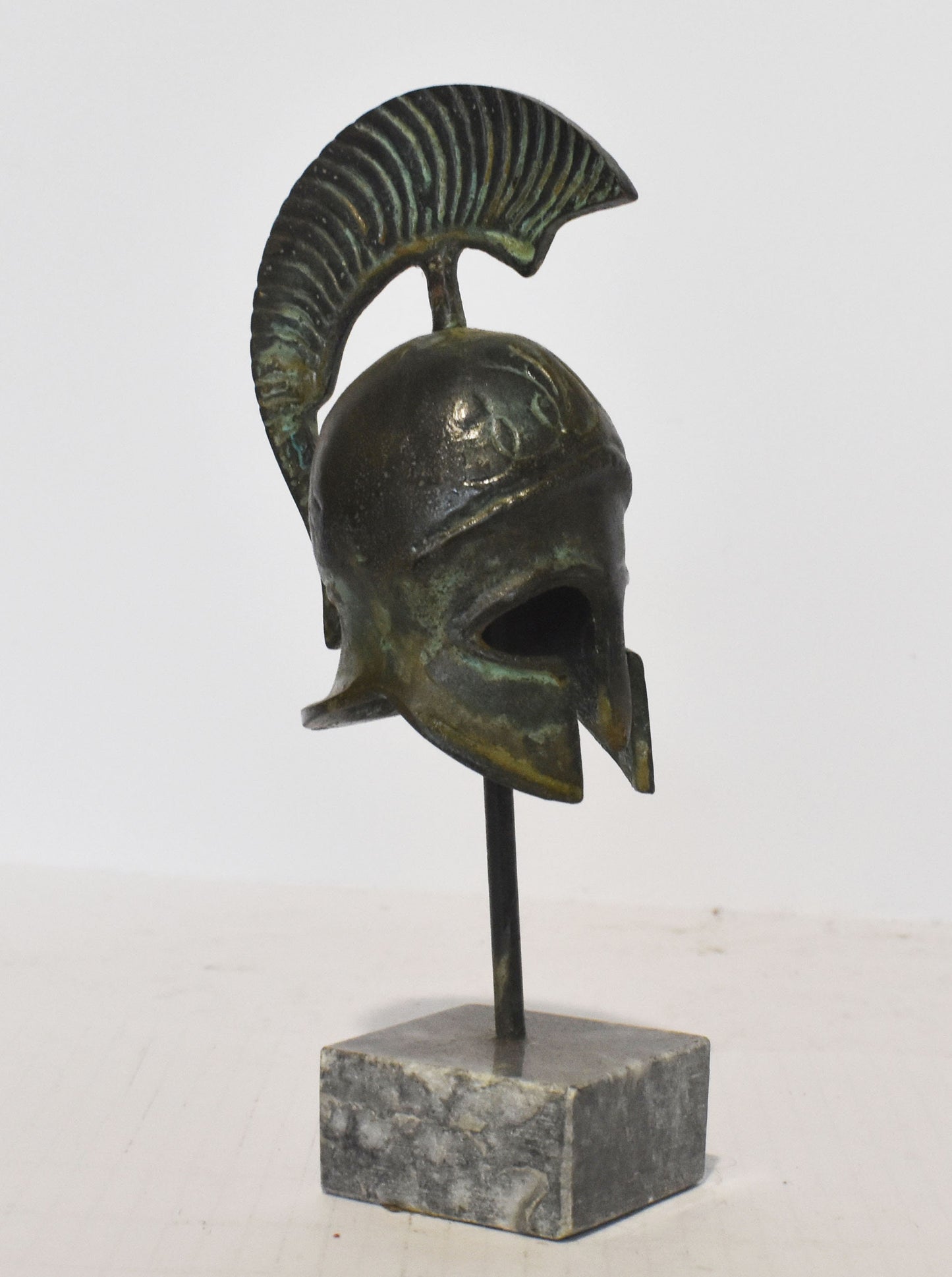 Ancient Greek Spartan Corinthian Helmet - marble base  - museum reproduction - pure bronze  statue
