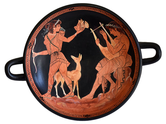 Artemis Goddess of Hunt and Apollo God of Music Red Figure small Kylix Vase