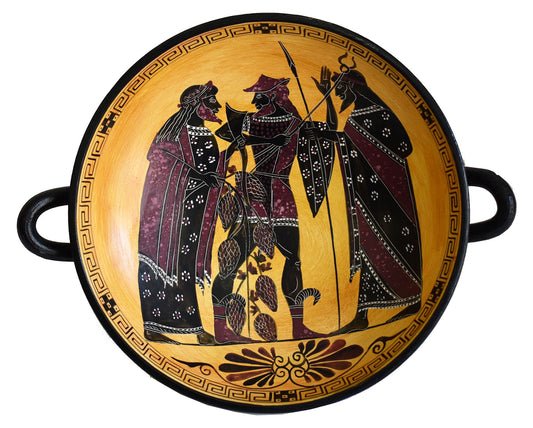 Dionysus God of wine and Hermes the messenger of Gods Black Figure small Kylix