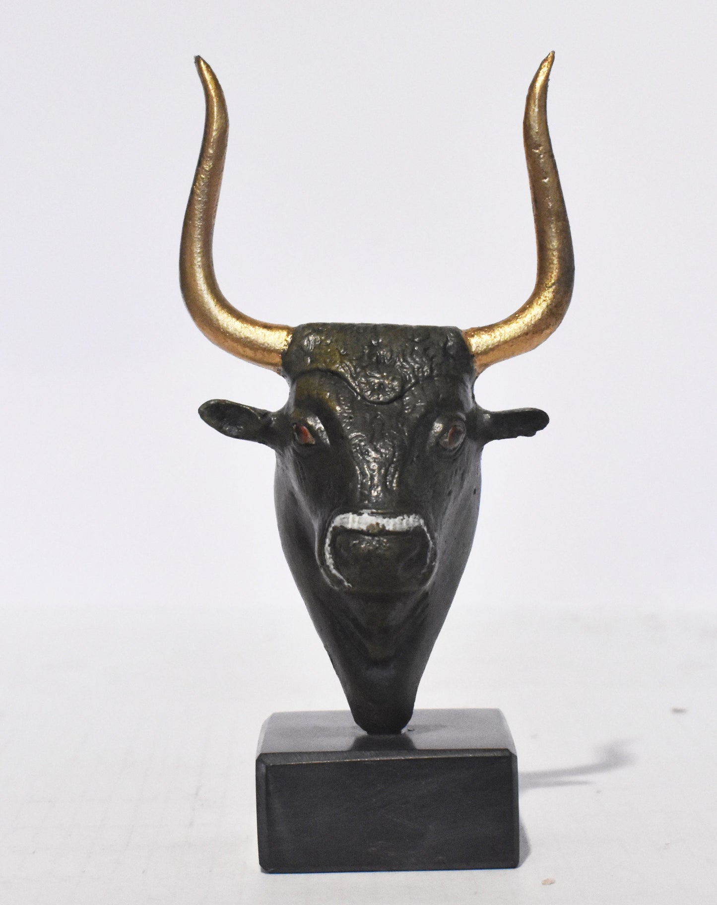 Minoan Bull Small Head - Sacred Animal - Art, Knossos Palace - marble base - pure bronze  statue