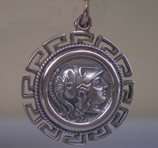 Greek Roman Goddess Athena Minerva - Meander Design - Coin Pendant - 925 Sterling Silver