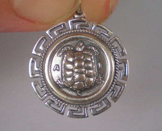 Aegina's sea turtle - first Ancient Greek coin - Symbol of Longevity, Stability, Protection - Meander Design - Pendant - 925 Sterling Silver