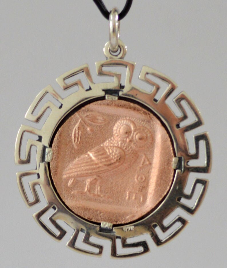 Greek Roman Goddess Athena Minerva and Wise Owl - Athenian Tetradrachm - Meander - Rose Gold Plated Coin Pendant - 925 Sterling Silver