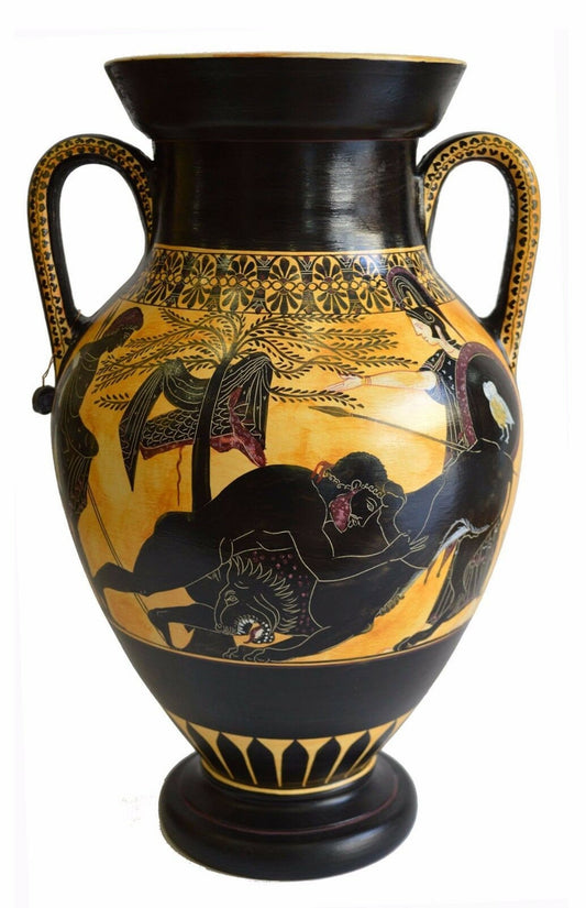 Hercules fighting Lion of Nemea - Goddess Athena - Ancient Greek Amphora - Museum Replica