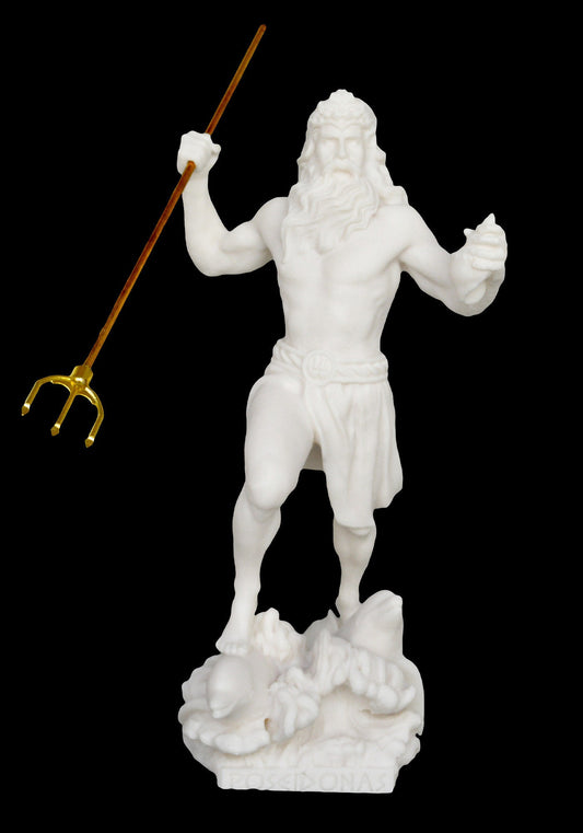 Poseidon Neptune - Greek Roman God of the Sea, Storms, Earthquakes and Horses - symbolizes the watery element - Alabaster Statue