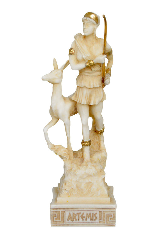 Artemis Diana - Greek Roman Goddess of Hunt, the Wilderness, Wild animals, the Moon and Chastity - Aged Alabaster Statue