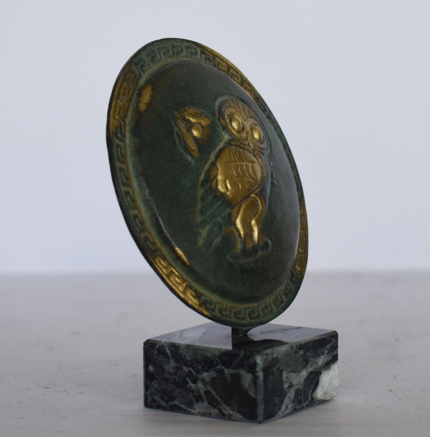 Ancient Greek Athenian Shield - Aspis - Owl symbol - marble base - Museum Replica - pure Bronze Sculpture