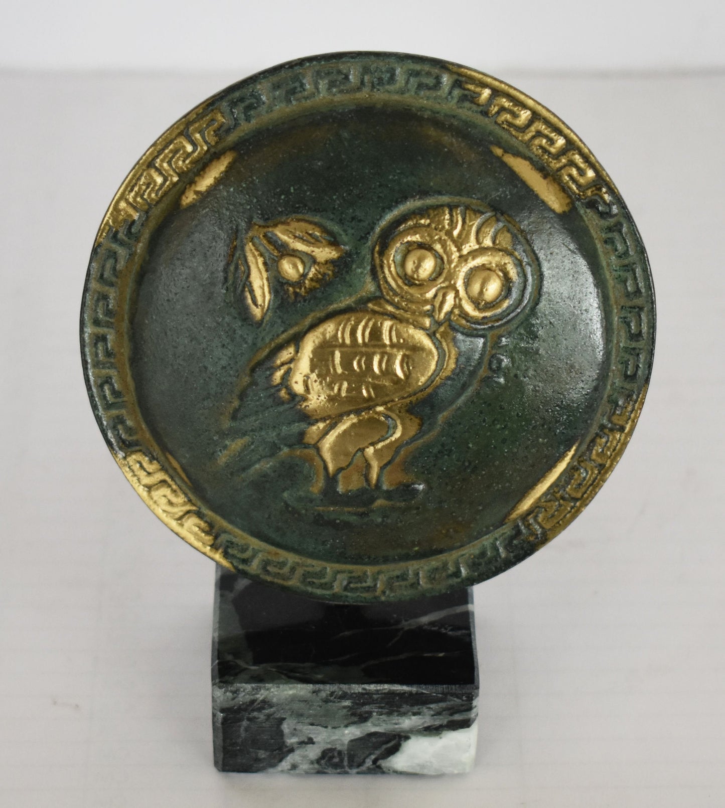 Ancient Greek Athenian Shield - Aspis - Owl symbol - marble base - Museum Replica - pure Bronze Sculpture