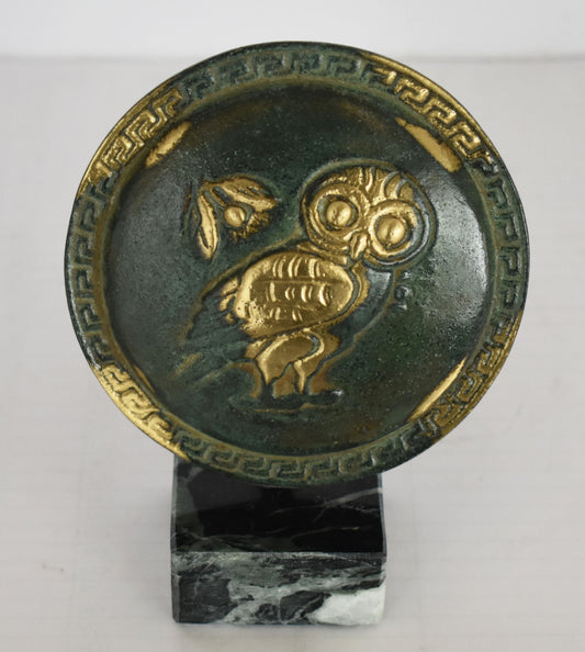 Ancient Greek Athenian Shield - Aspis - Owl symbol - marble base - Museum Replica - pure Bronze Sculpture