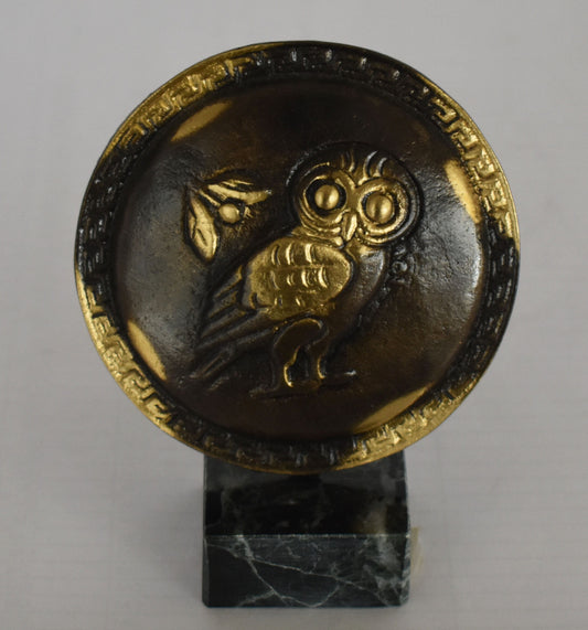 Ancient Greek Athenian Shield - owl symbol - marble base - Museum Replica - pure Bronze Sculpture