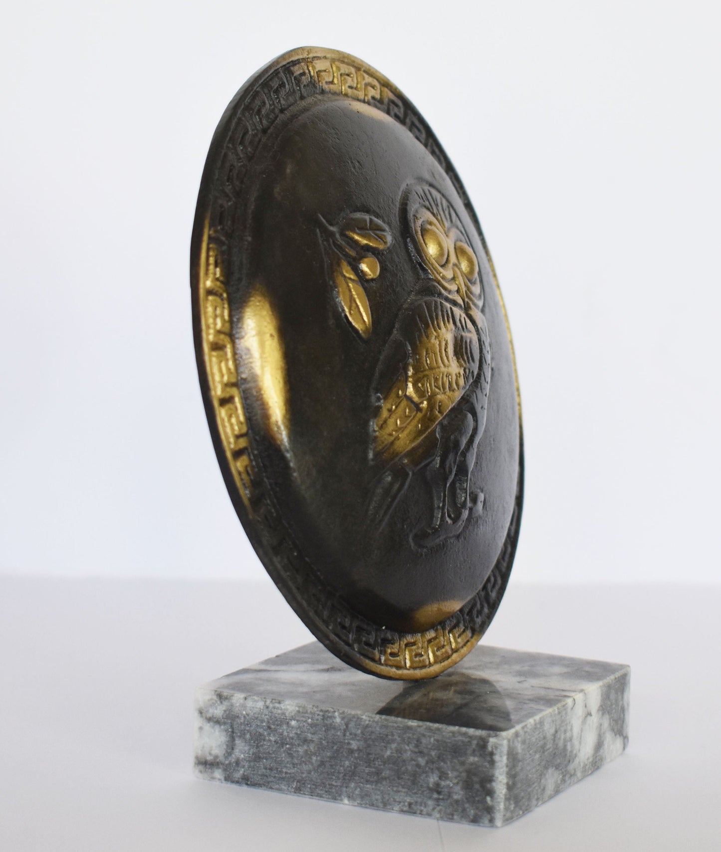 Ancient Greek Athenian Shield - Owl symbol - Meander Design - marble base - Museum Replica - pure Bronze Sculpture