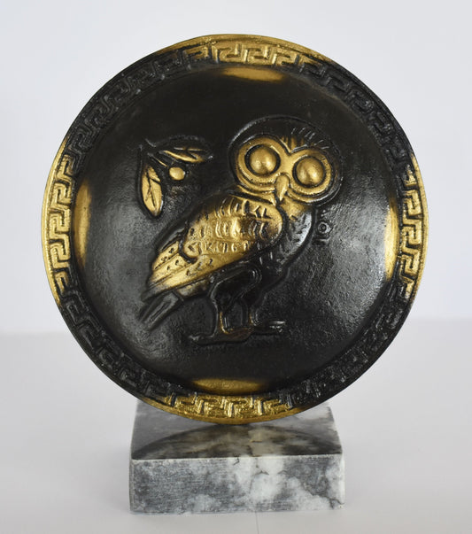 Ancient Greek Athenian Shield - Owl symbol - Meander Design - marble base - Museum Replica - pure Bronze Sculpture