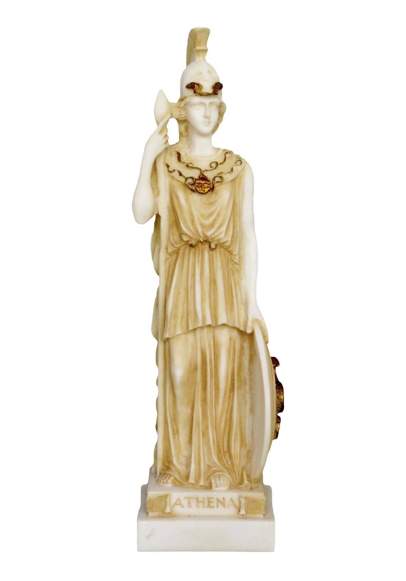 Athena Minerva - Greek Roman Goddes of Wisdom, Strength, Strategy, Courage, Inspiration, Arts, Crafts, and Skill - Aged Alabaster Sculpture